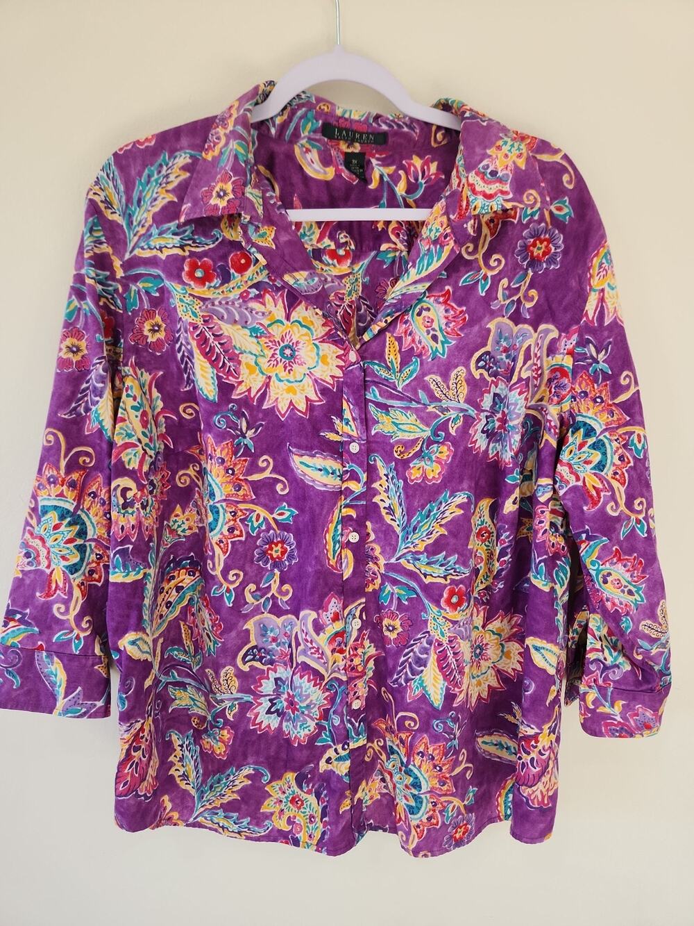 100% Cotton Lauren Ralph Lauren Purple Paisley Plus Size Button Down Tunic 3X